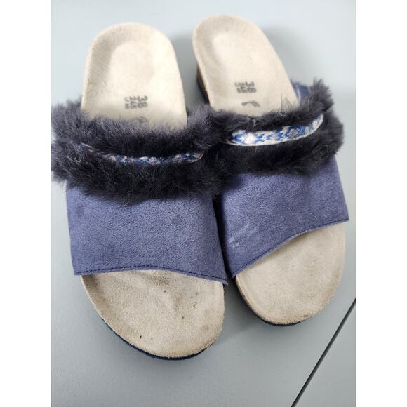 Birkenstock Papillio Amber Wedge Mule Sandals Size 38/ 7 Blue Fur Trim - Picture 2 of 7